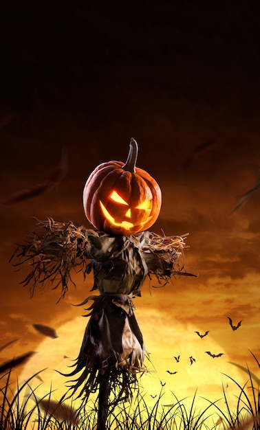 Premium Photo | Halloween pumpkin scarecrow on a wide field with the ...