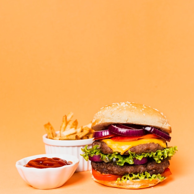 Hamburger With French Fries And Ketchup Photo Free Download