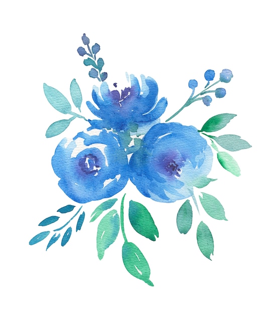 青い花と自由奔放に生きる水彩花のイラストを手描き プレミアム写真