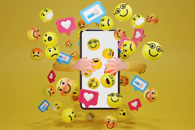 ソーシャルメディアの漫画の絵文字アイコンでスマートフォンを抱きしめる手 3dレンダリング プレミアム写真