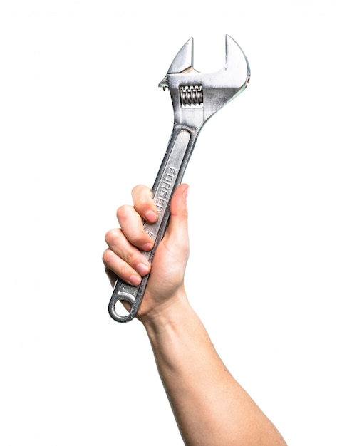 Hand Holding Wrench Over Isolated White Background Premium Photo