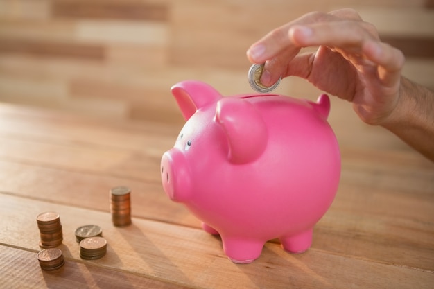 Hand inserting coin in piggy bank Free Photo
