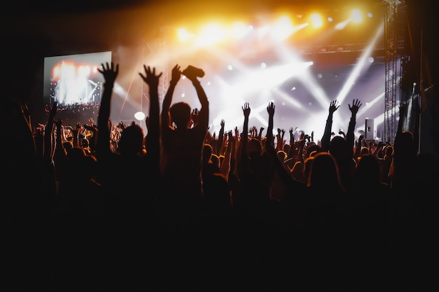 Premium Photo | Hands of happy people crowd having fun at stage at ...