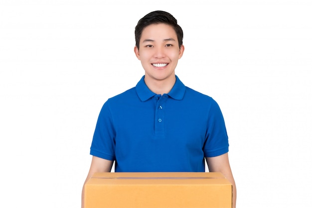Download Free Handsome Friendly Asian Delivery Man In Blue Polo Shirt Carrying Use our free logo maker to create a logo and build your brand. Put your logo on business cards, promotional products, or your website for brand visibility.