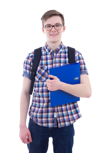 Premium Photo | Handsome teenage boy with backpack and book isolated on ...