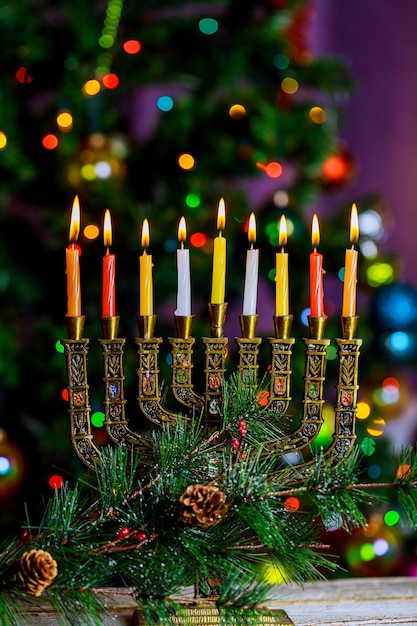 Hanukkah menorah jewish festival of lights defocused bokeh, | Premium Photo