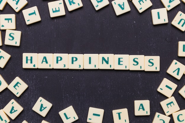 Happiness text made from scrabble game letters | Free Photo