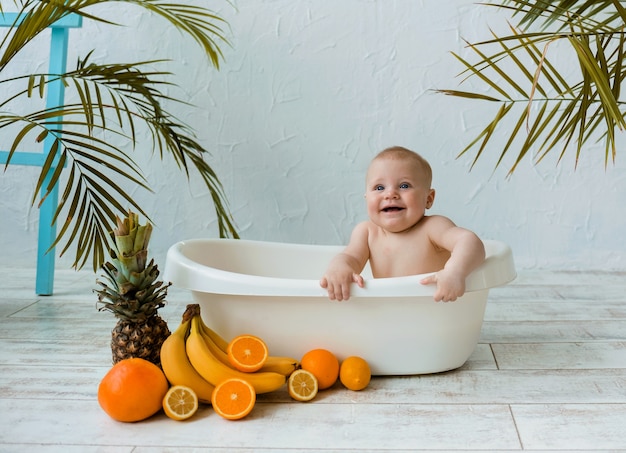 Happy Baby Boy Bathes In A Milk Bath, Baby Boy Bathtub
