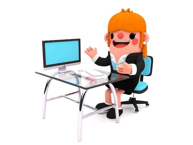 Happy Business Woman Cartoon Character In 3d Sitting On An Office