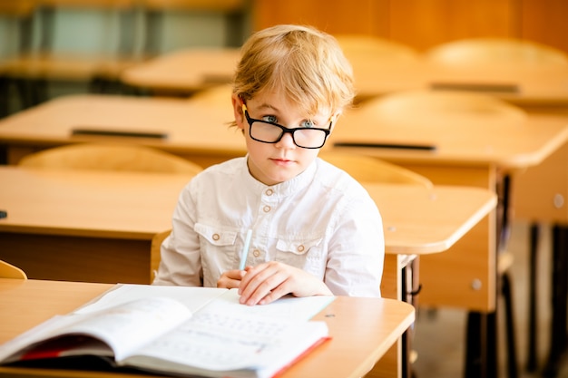 Happy Cute Clever Boy Is Sitting At A Desk In A Glasses With