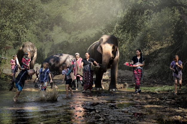 Happy family with elephants Premium Photo