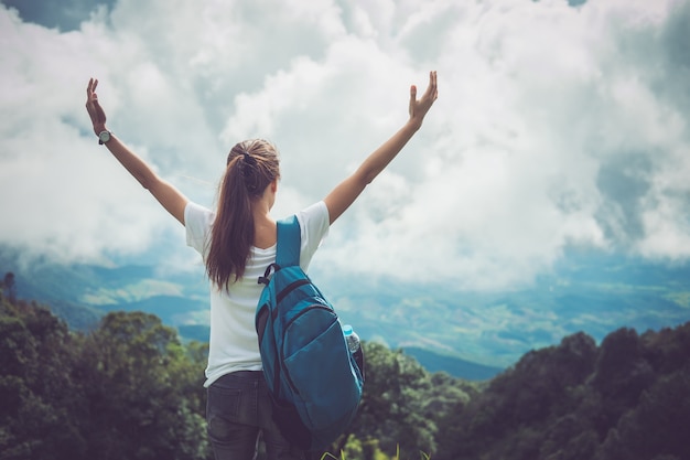 Premium Photo | Happy freedom woman with backpack