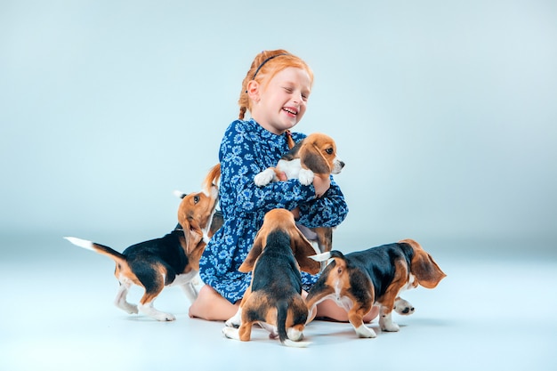 Cuccioli Felici Della Ragazza E Del Cane Da Lepre Su Gray Foto Gratis