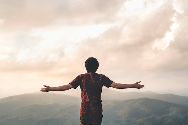 Premium Photo Happy Man Freedom In Sunrise Nature Successful Concept