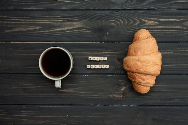 Premium Photo Happy Monday Message With Croissant And Cup Of Coffee