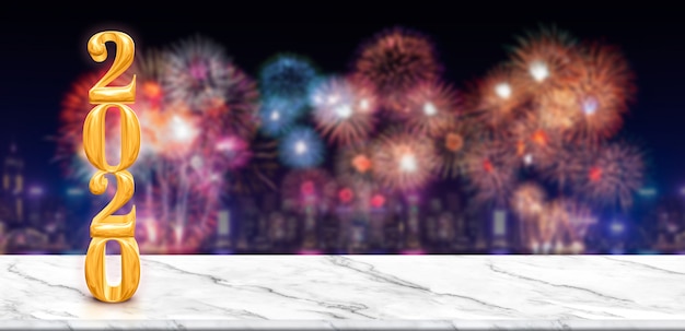 Happy new year 2020 fireworks over cityscape at night with empty white marble table Premium Photo