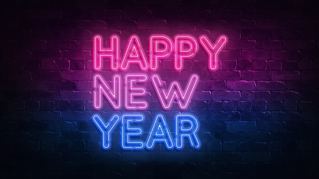 Premium Photo | Happy new year neon sign. night lighting on the wall ...