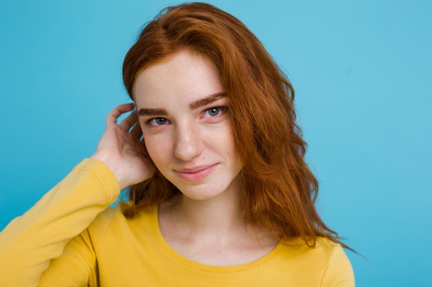 Headshot Portrait Of Happy Ginger Red Hair Girl With