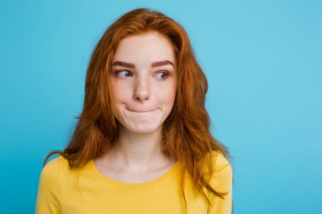 Headshot Portrait Of Happy Ginger Red Hair Girl With