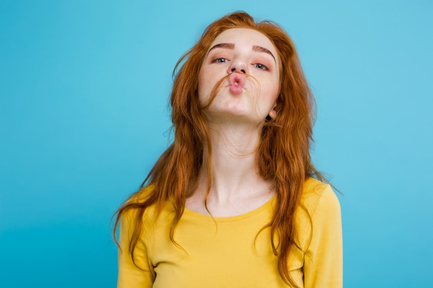 Headshot Portrait Of Happy Ginger Red Hair Girl With Funny