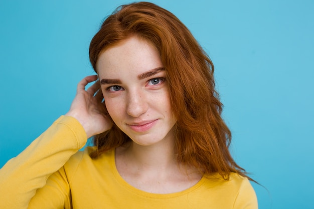 Headshot Portrait Of Happy Ginger Red Hair Girl With Freckles Smiling