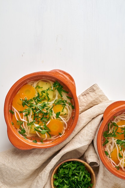 Healthy Chicken Soup With Vegetables And Rice Noodles