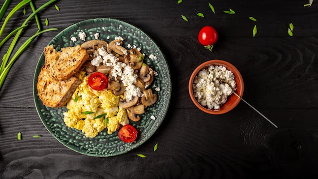 Premium Photo Healthy Scrambled Eggs With Mushrooms Cottage Cheese And Tomatoes For Breakfast