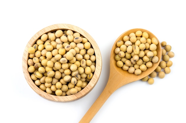 Premium Photo | Healthy soybeans in a wooden cup isolated on white