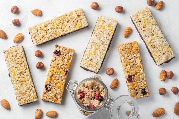 Healthy sweet dessert snack. cereal granola bar. Premium Photo