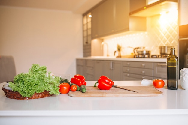 kitchen set with fruits and vegetables