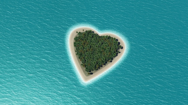 ヤシの木と海でハート型の島のレンダリング3d 無料の写真