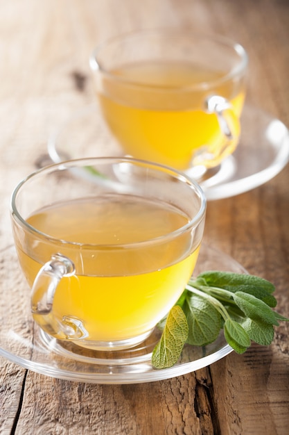 Premium Photo | Herbal sage tea with green leaf in glass cup