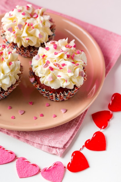 High Angle Of Cupcakes On Plate With Hearts Photo Free Download