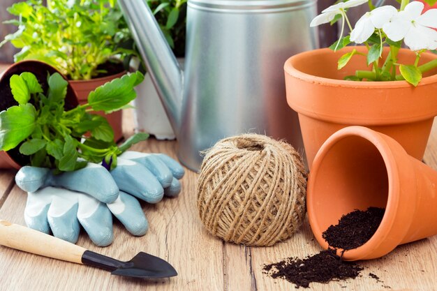 Premium Photo | High angle flower pots and gardening tools