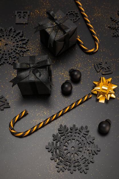 Premium Photo High Angle Of Golden Candy Cane And Christmas Presents