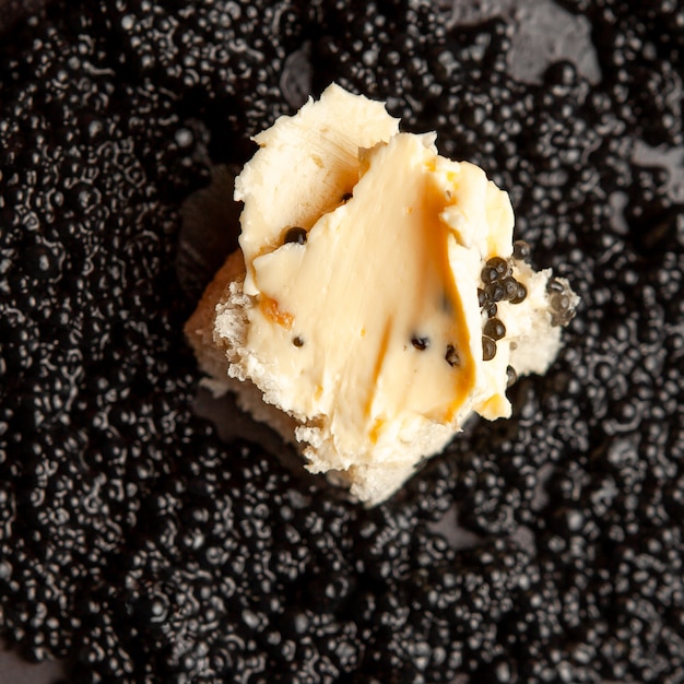 Free Photo | High angle view black caviar with bread and butter on dark ...