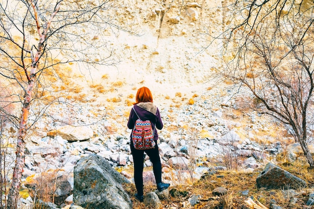 Hiker woman with backpack. Premium Photo
