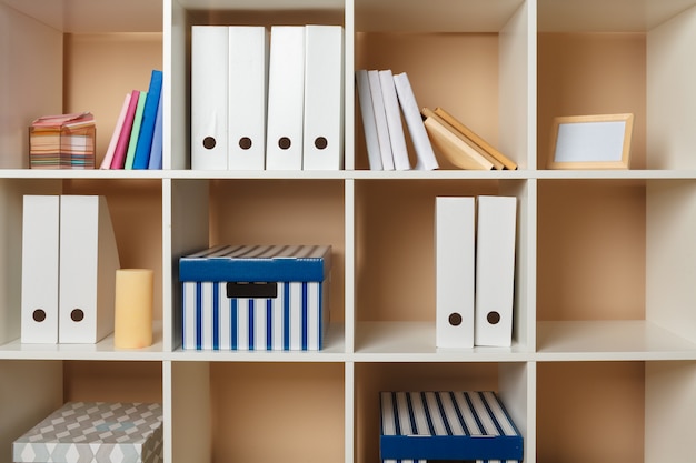 Premium Photo | Home office working space. white shelf with accessories