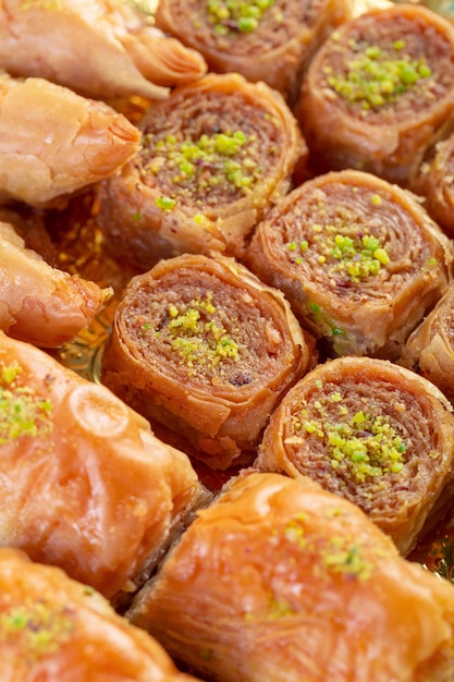 Premium Photo | Homemade baklava with nuts and honey syrup