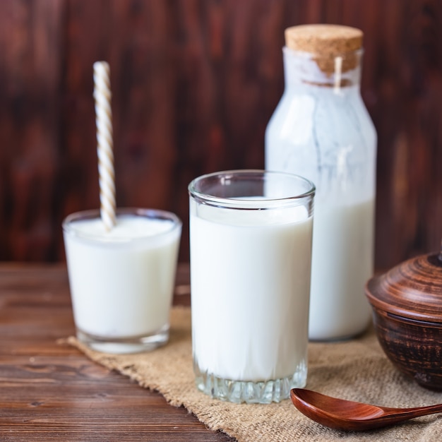 Premium Photo | Homemade kefir, yogurt with probiotics in a glass on ...