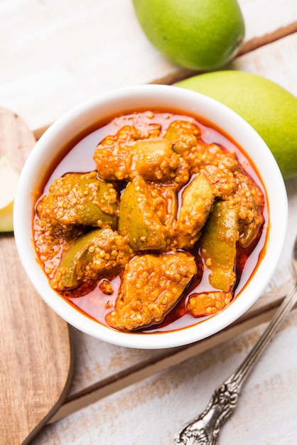 Premium Photo Homemade Mango Pickle Or Aam Ka Achar Or Kairi Loncha In A Bowl Selective Focus