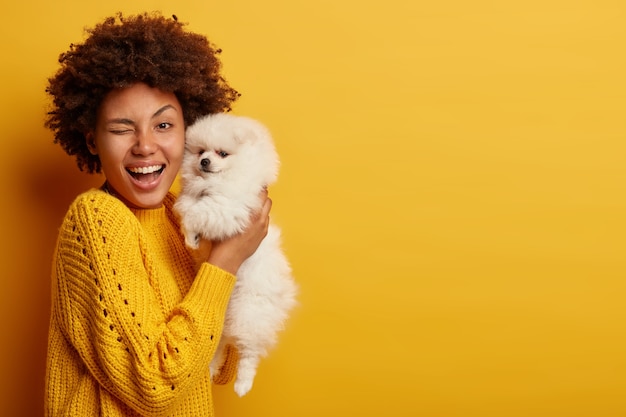 楽観的な女性の水平ショットは目をまばたきし 犬を購入して幸せで 白いスピッツの子犬を運び 屋内で一緒に楽しんで ニットのジャンパーを着て 黄色の壁に対して屋内でポーズをとります 無料の写真