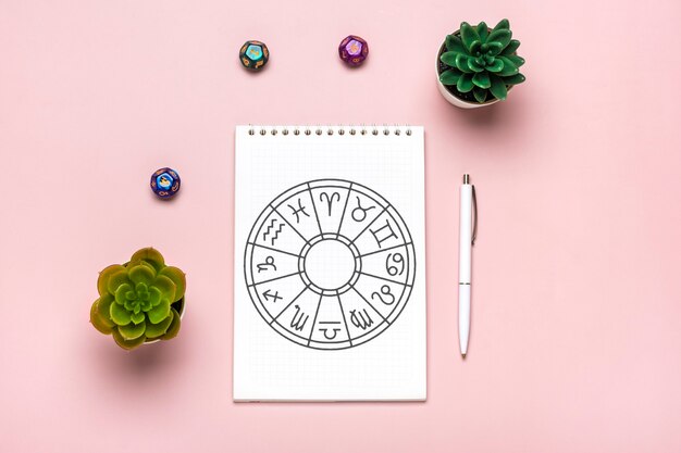 Premium Photo Horoscope Circle With Twelve Signs Of Zodiac On Paper Divination Dice Colorful Stone On Pink Backgro