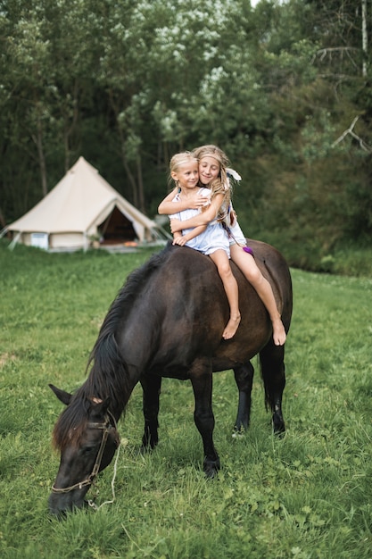 Horseback Two Children Girls Si