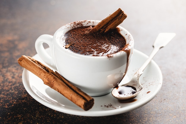 Hot chocolate in cup with cinammon Premium Photo