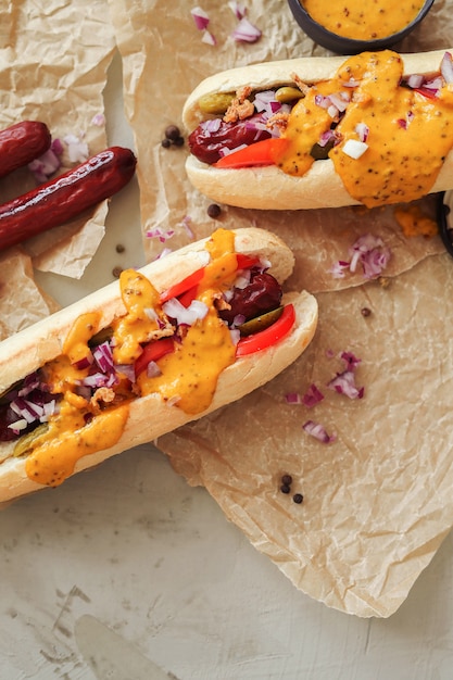 Free Photo | Hot dog with sauce on white surface