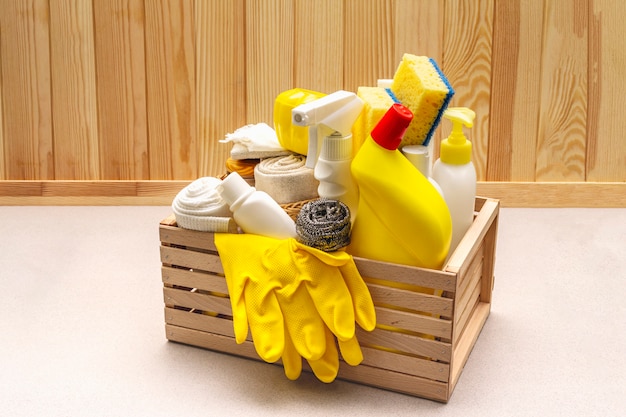 Premium Photo | House cleaning product in wooden box