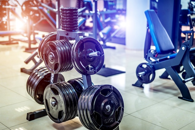 Premium Photo | Huge pancakes for a dumbbell in a gym. sport and ...