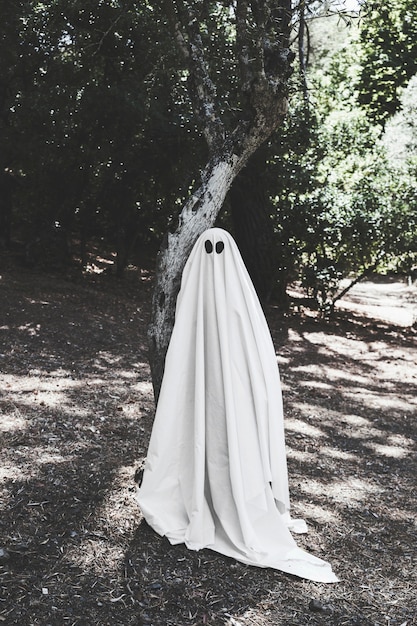 Free Photo | Human in ghost costume near tree in forest