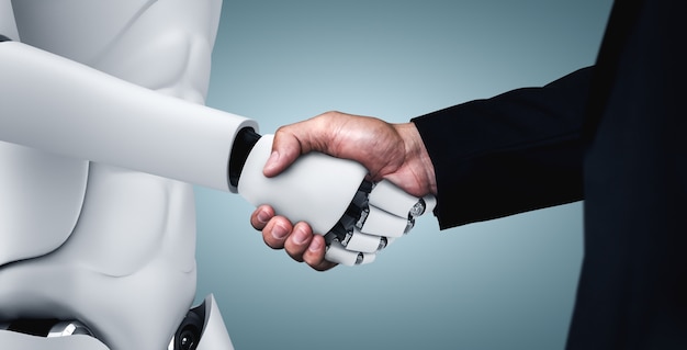 Premium Photo Humanoid Robot Handshake To Collaborate Future